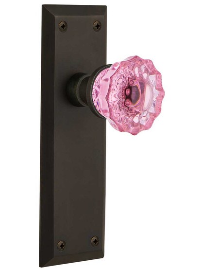New York Door Set with Colored Fluted Crystal Glass Knobs Pink in Oil-Rubbed Bronze.